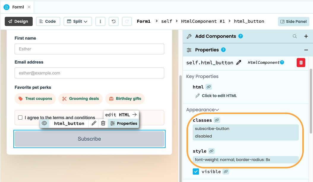 An HTMLComponent with classes and style properties