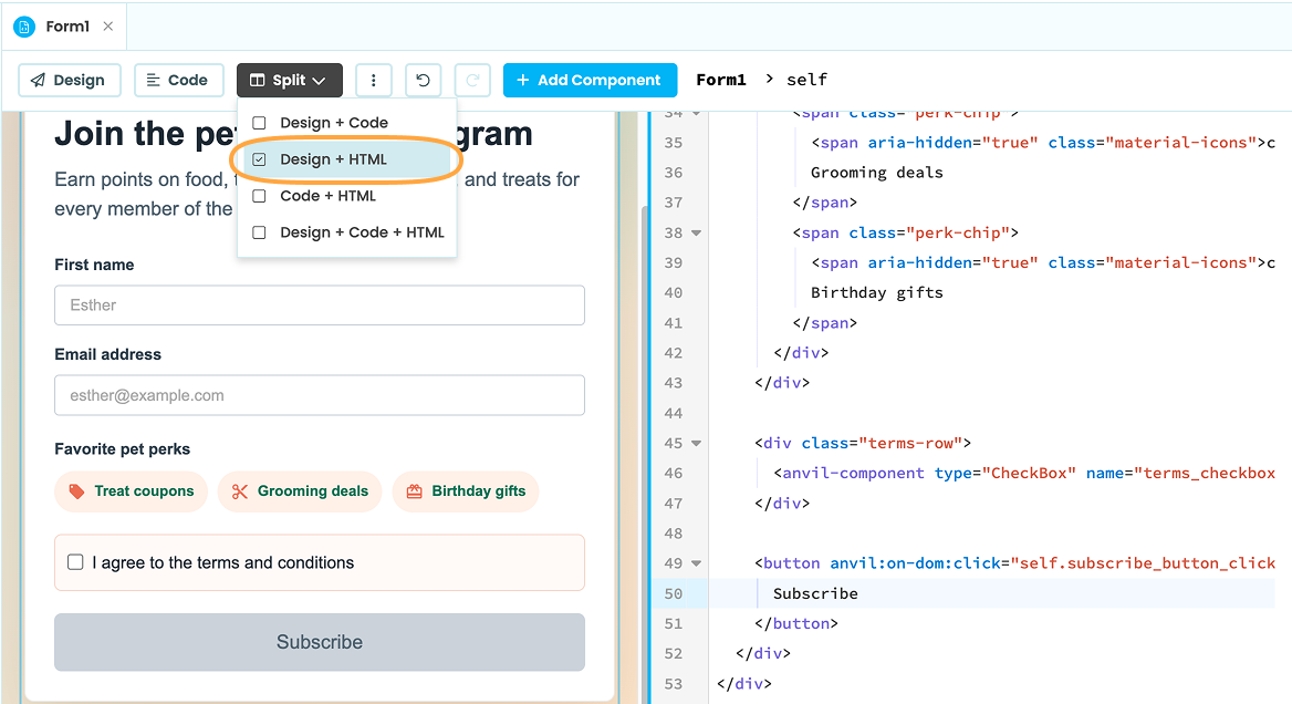 HTML view in the Form Editor showing the Form&rsquo;s underlying HTML.