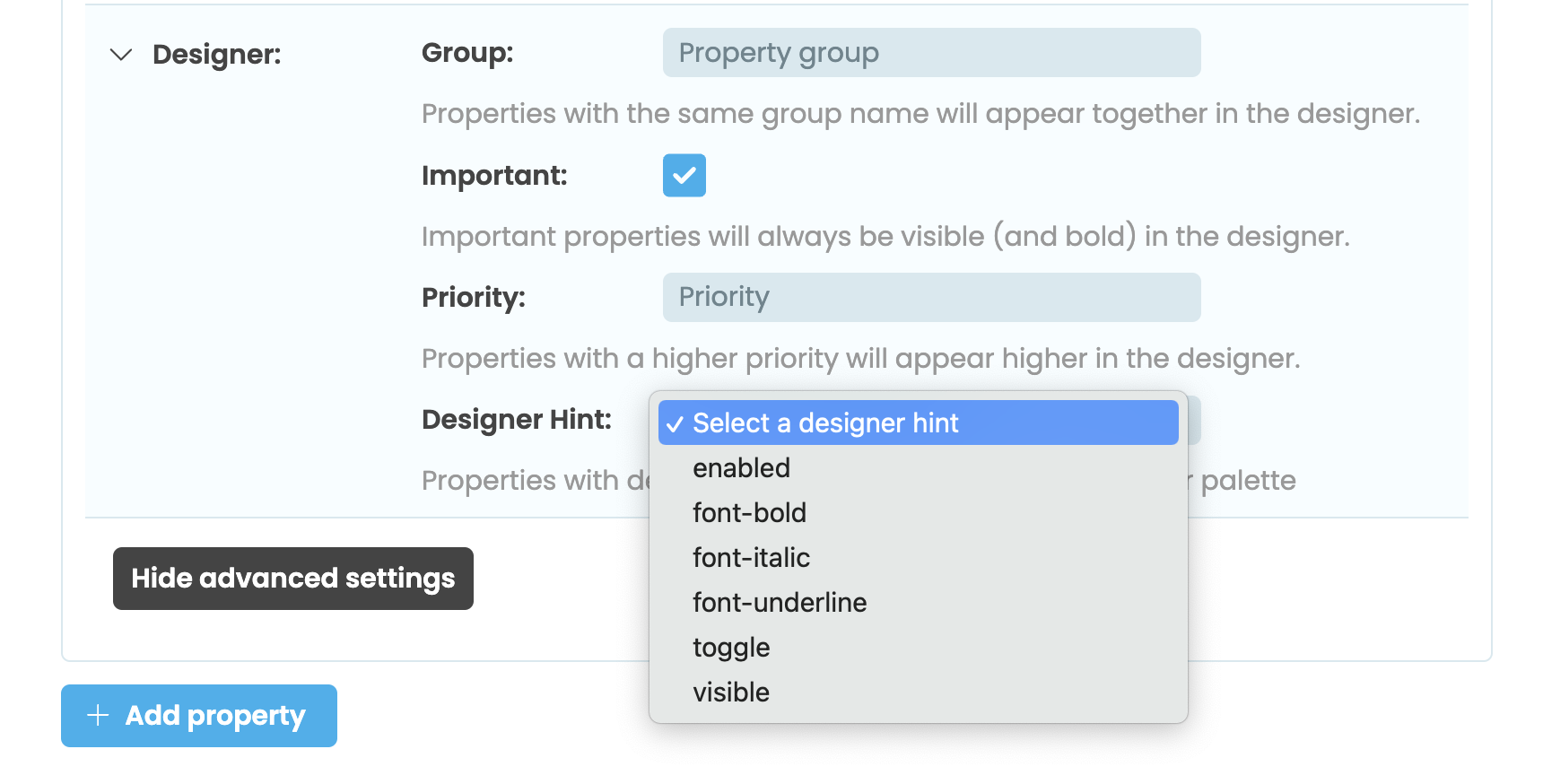 The Designer Hint dropdown in the Custom Component Configuration dialog