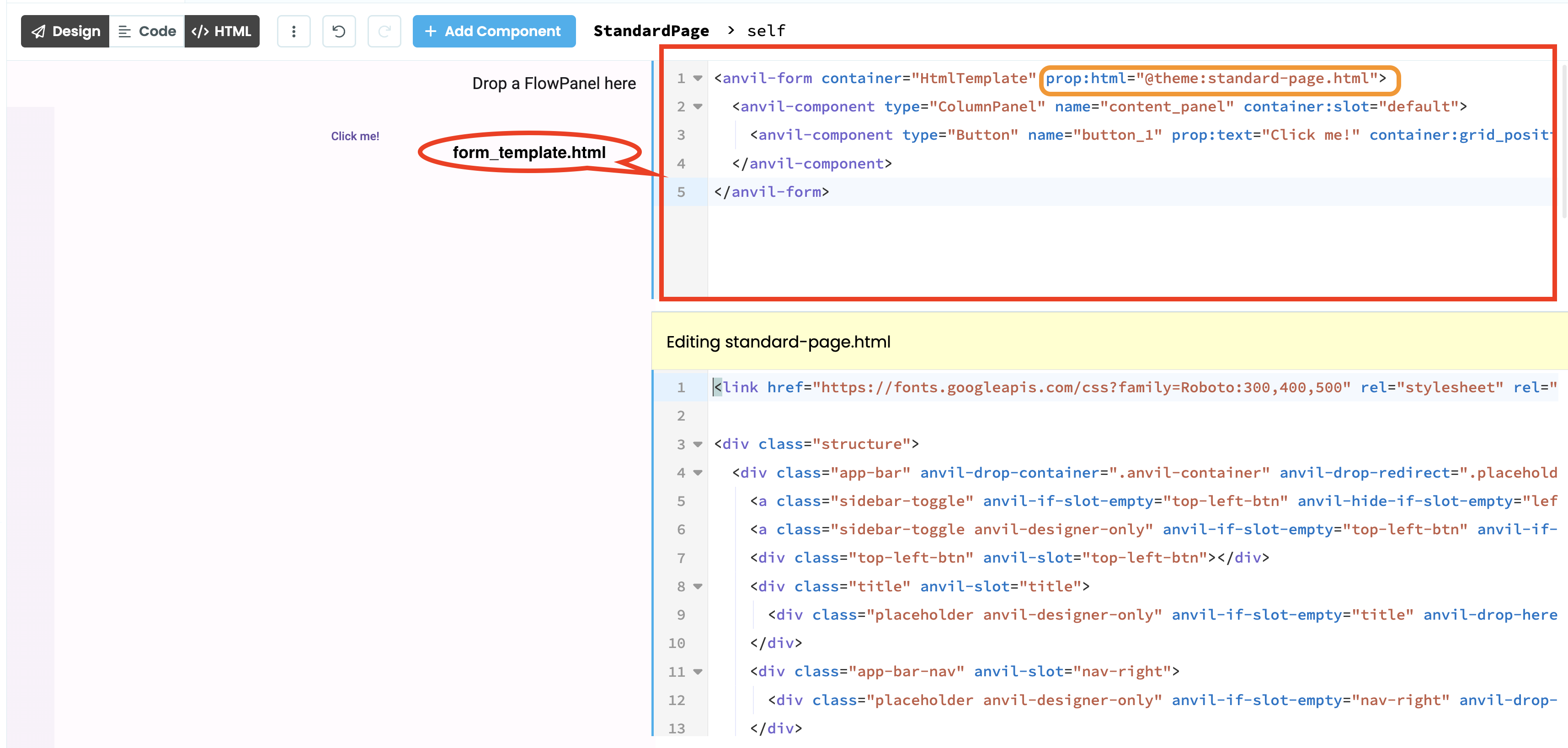 A Legacy HTMLTemplate Form showing the Standard Page Form structure.