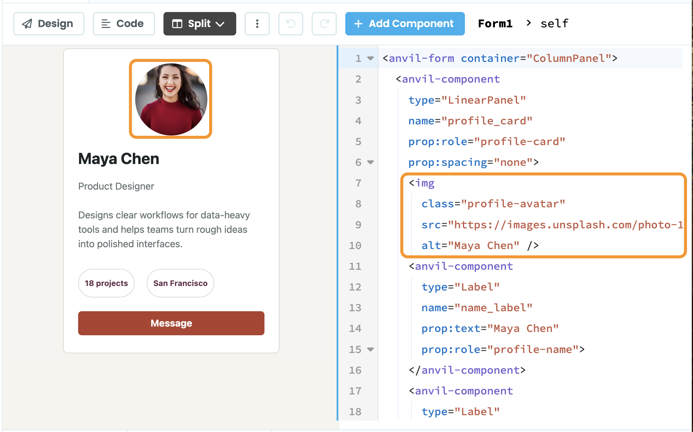 Form showing HTML and Anvil components