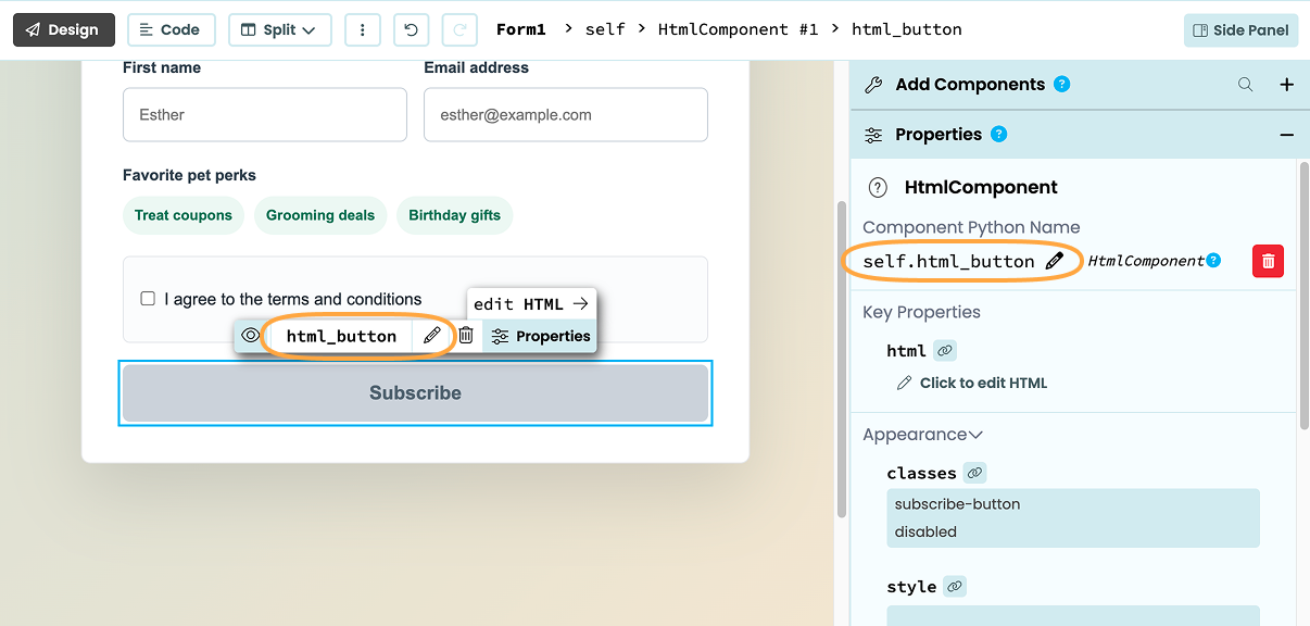 An HTMLComponent with its Python name highlighted in the Properties Panel and Object Palette