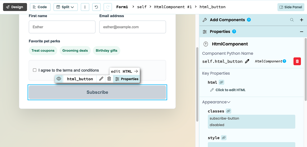 An HTMLComponent selected in the Anvil Editor