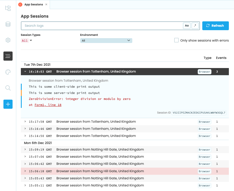 The App Sessions tab showing a session dialog