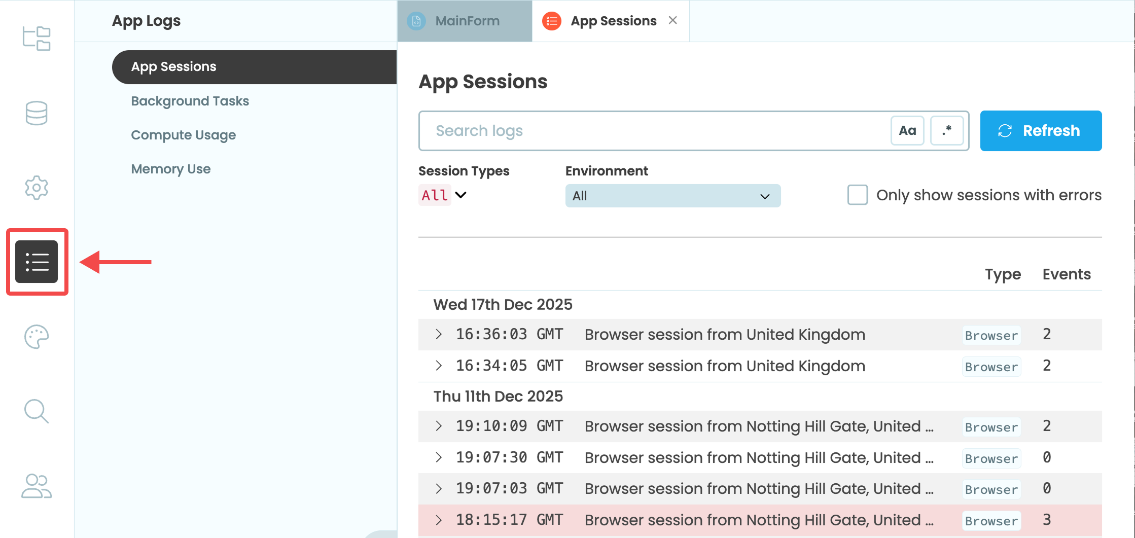 Select App Logs from the Sidebar Menu