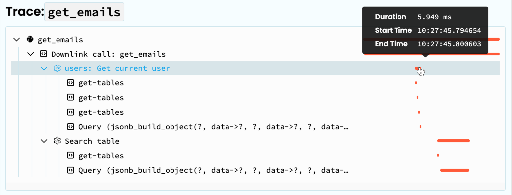 Hover over the duration of a sub-task to show more precise timestamps