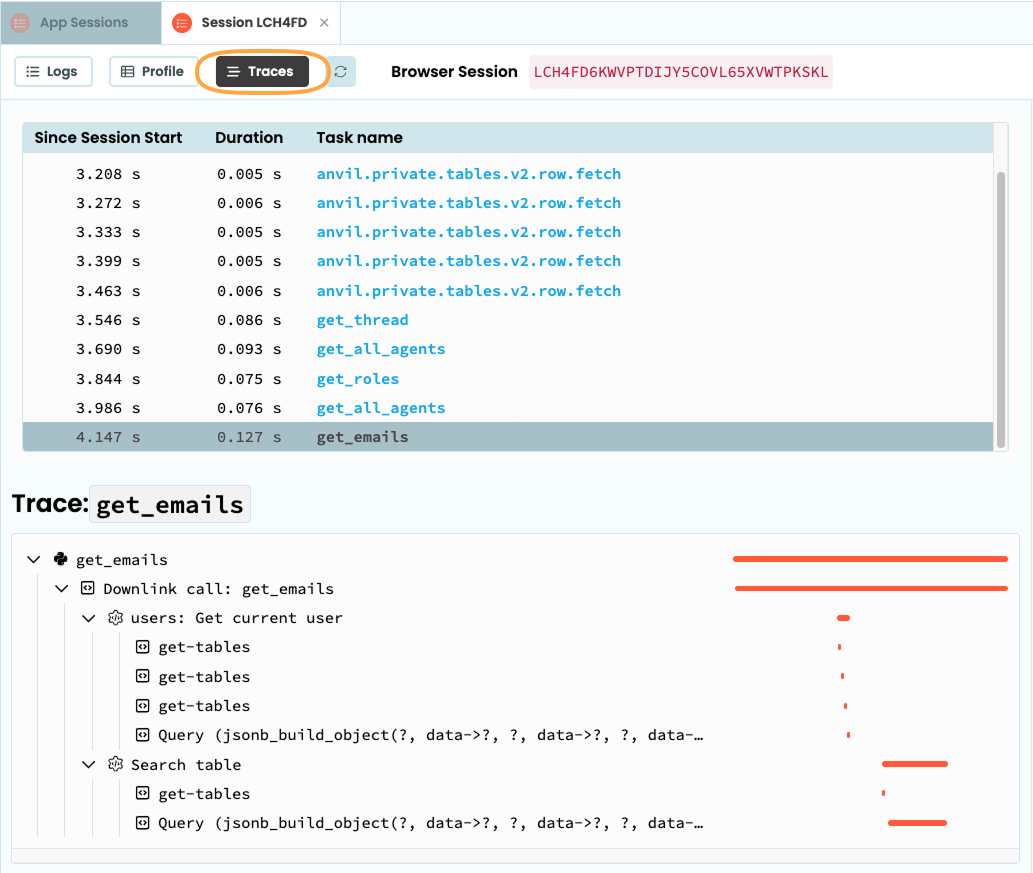 The Traces tab showing a task called get_emails and all of its sub-tasks.