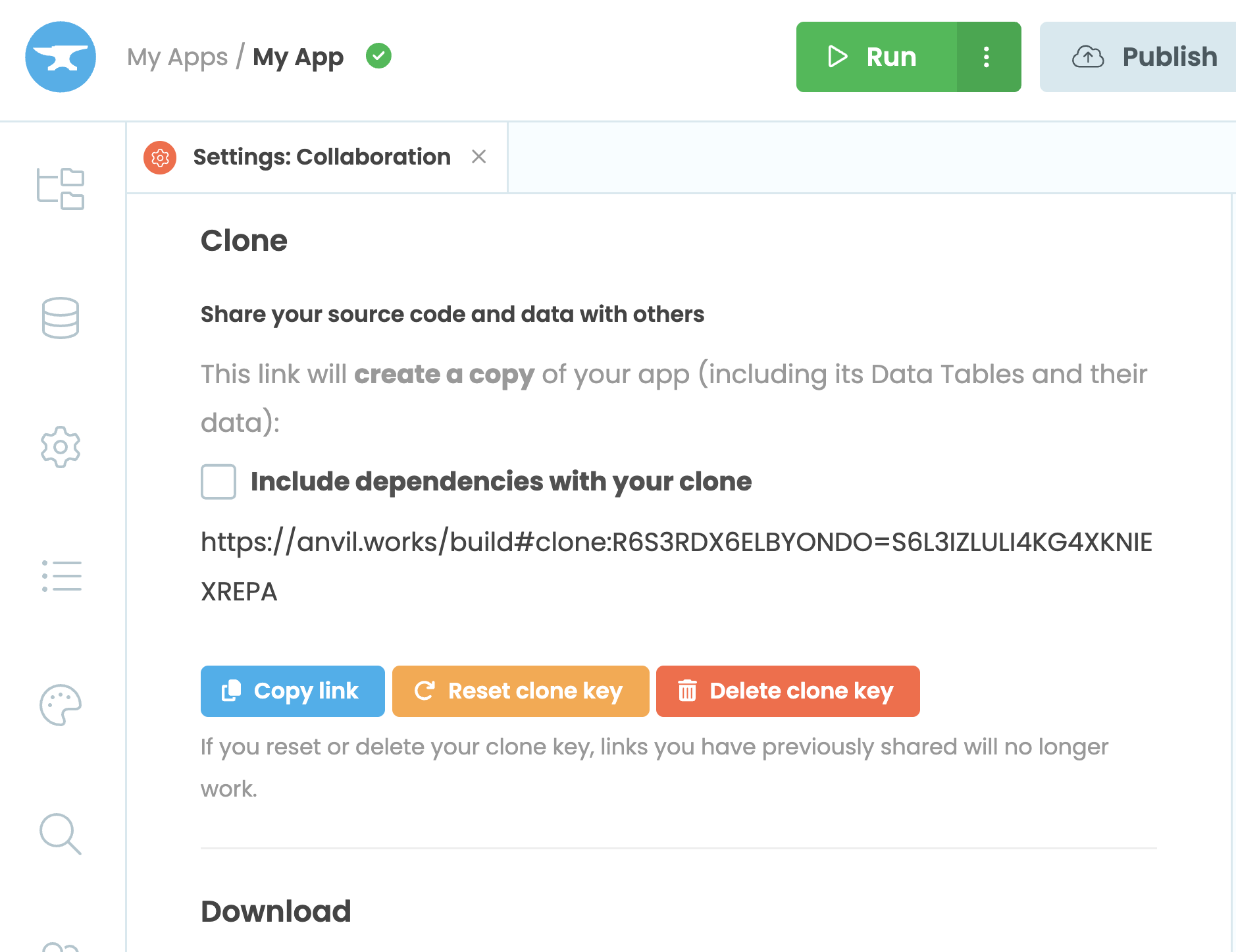 The clone section of the Settings:Collaboration tab