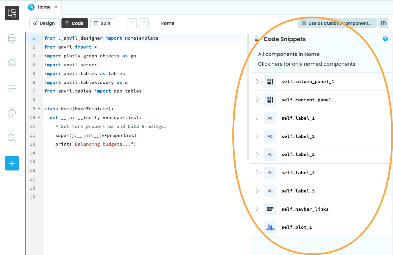 Code Snippets lists all the components in this Form.