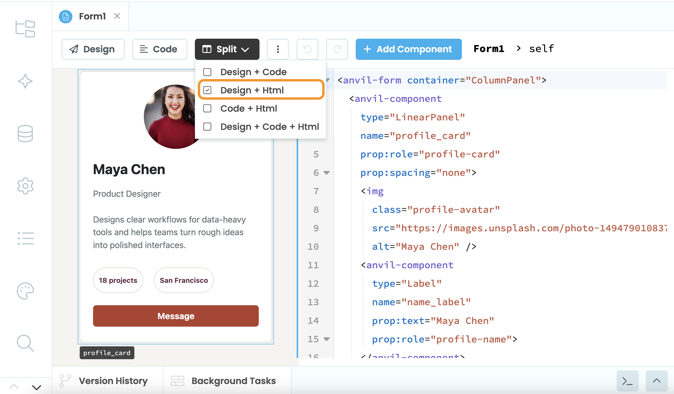 HTML view in the Form Editor.
