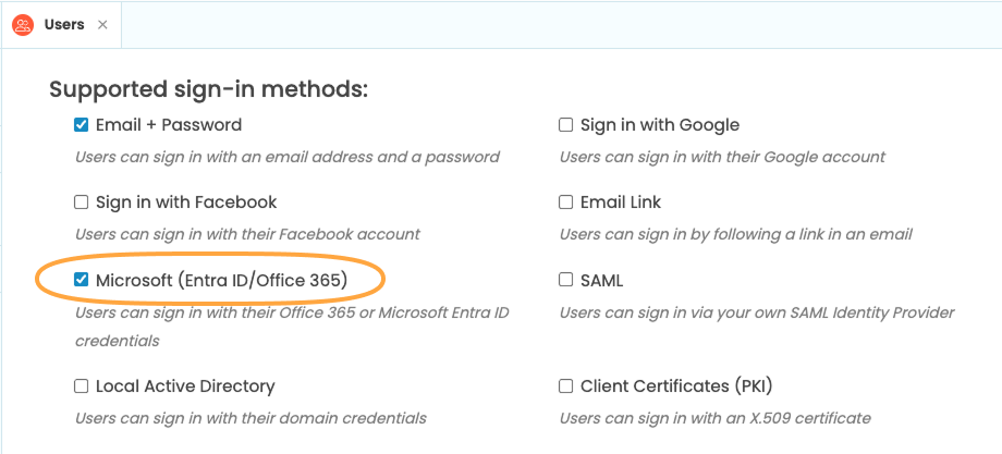 Screenshot of the Users tab with the Microsoft option enabled