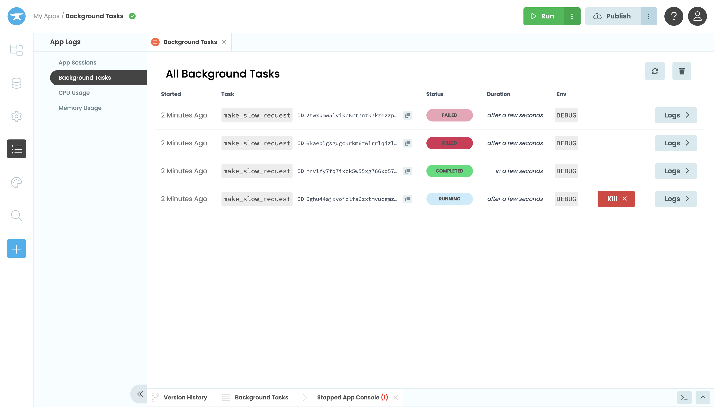 A list of background tasks that have run, with their statuses and 'view logs' buttons.