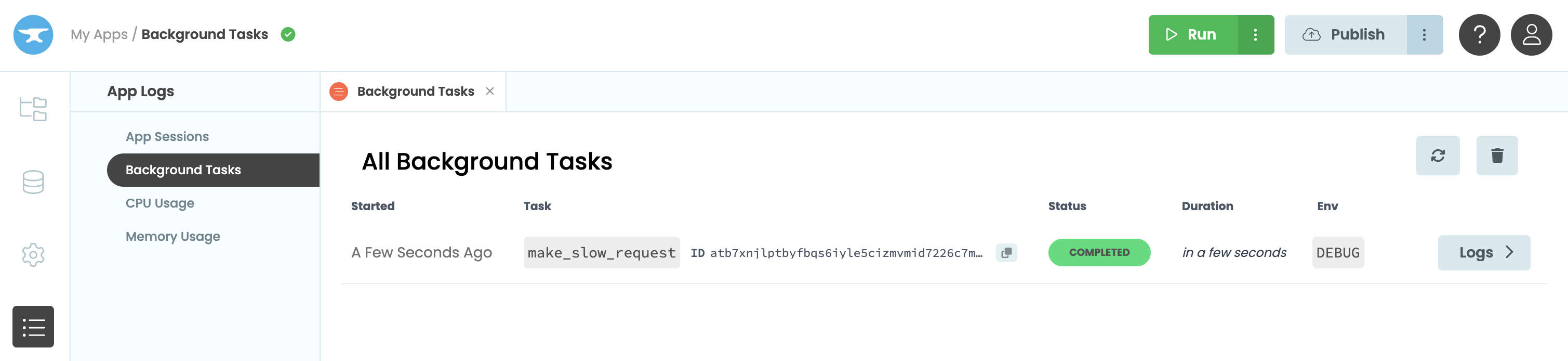 A list of Background Tasks showing each task's status and when it ran