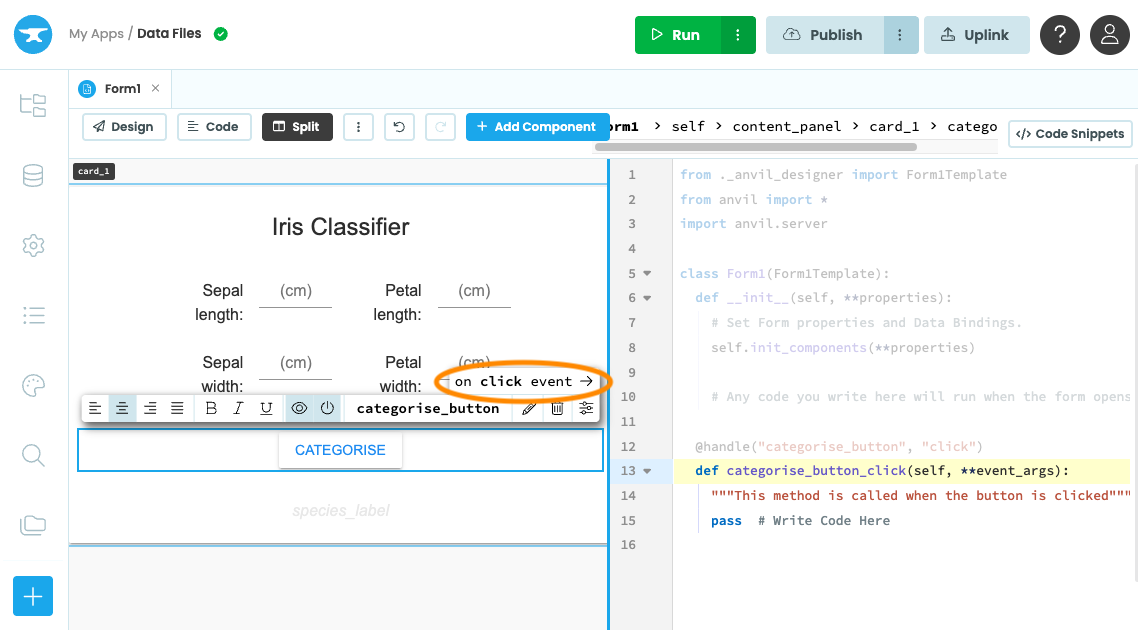 Click event being added to the Categorise button