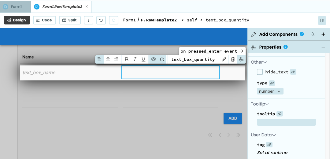 TextBox components added to each row so the item name and quantity can be edited inline