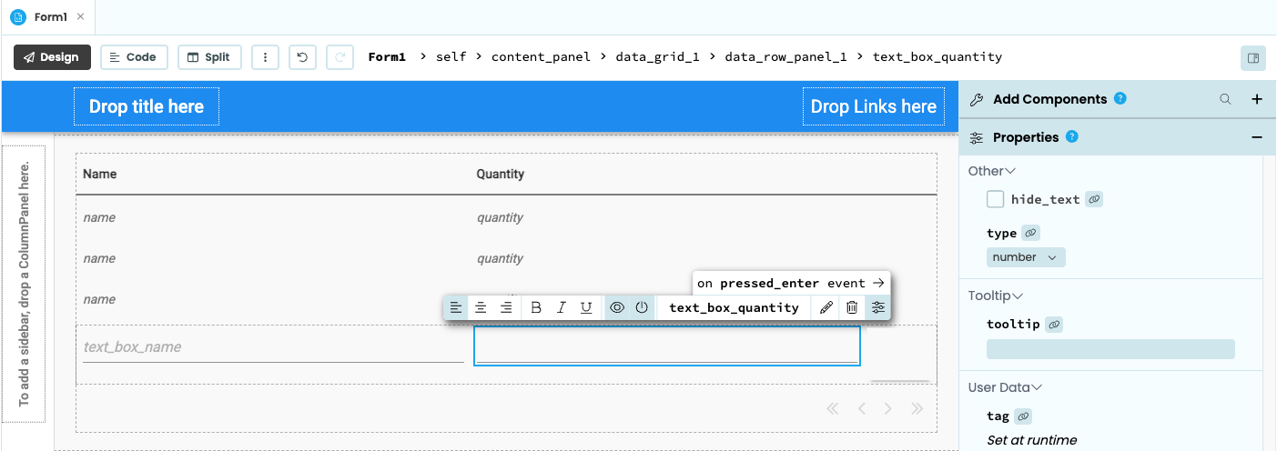 Two TextBox components added to the Name and Quantity columns of the Data Row Panel