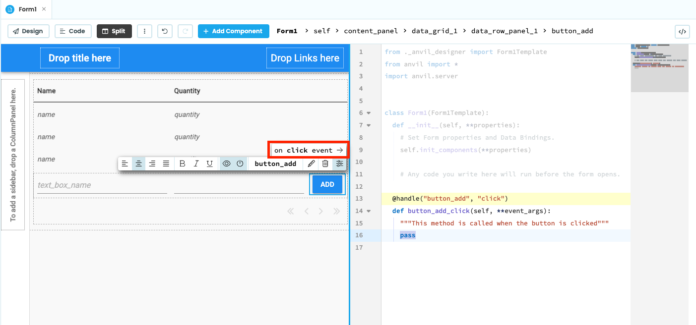 The Anvil editor creating a click event handler for button_add