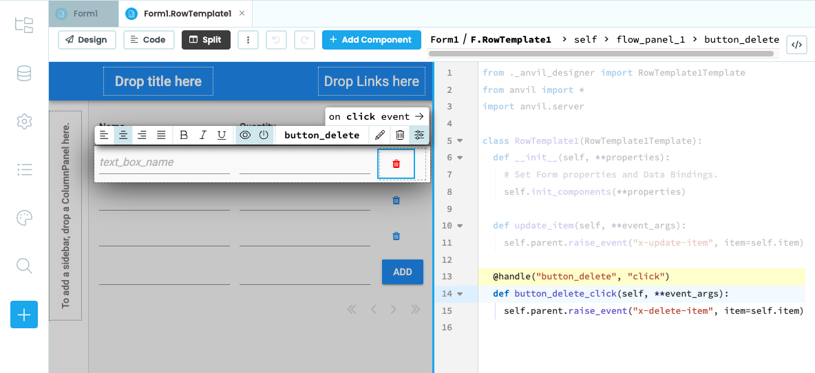 Creating a click event handler for the delete button in the Anvil Editor