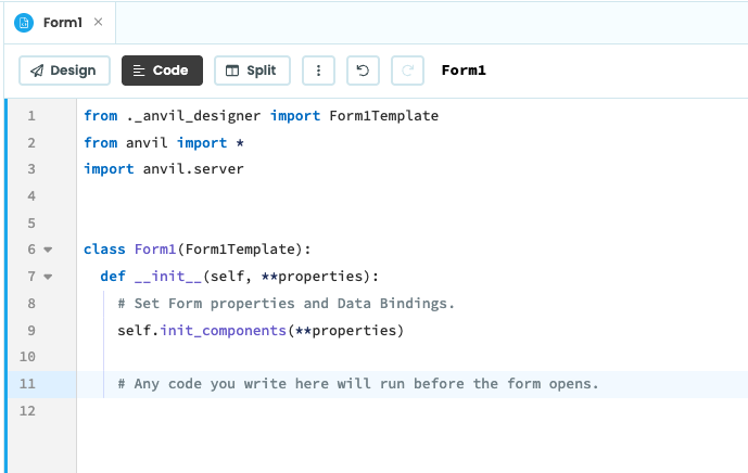 The Code View for Form1 in the Anvil editor