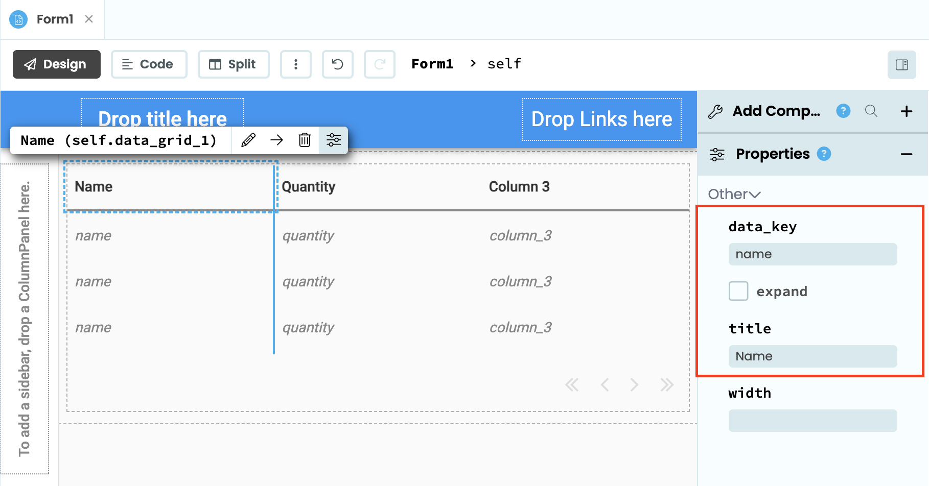 The Data Grid properties showing the first two columns renamed to Name and Quantity with matching data keys