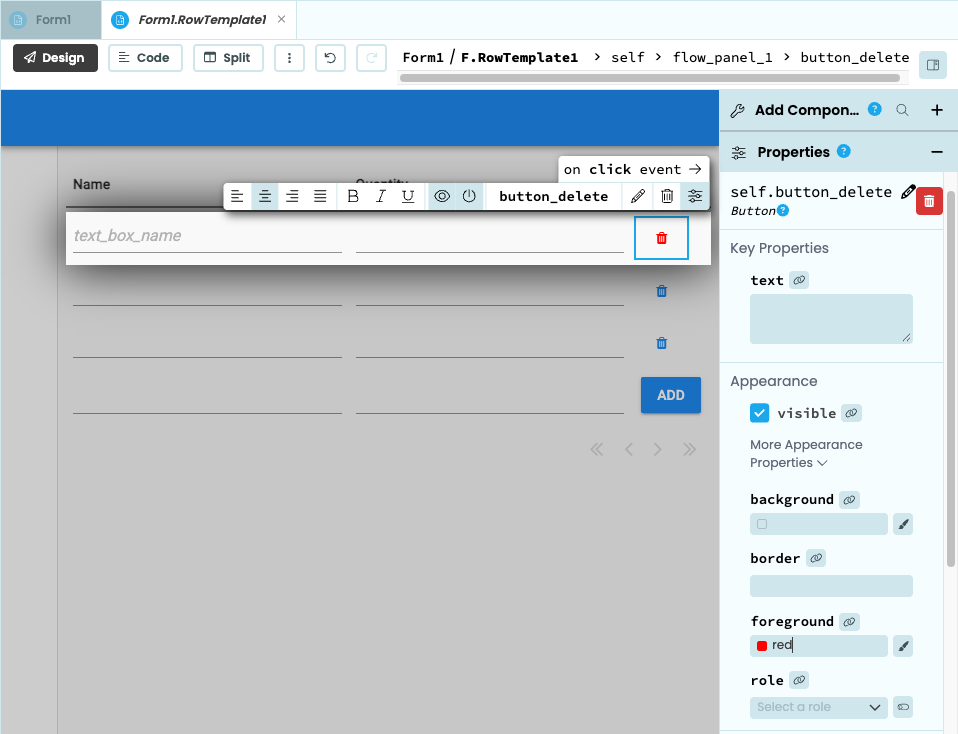 Adding a delete button to the last column of our Data Grid.