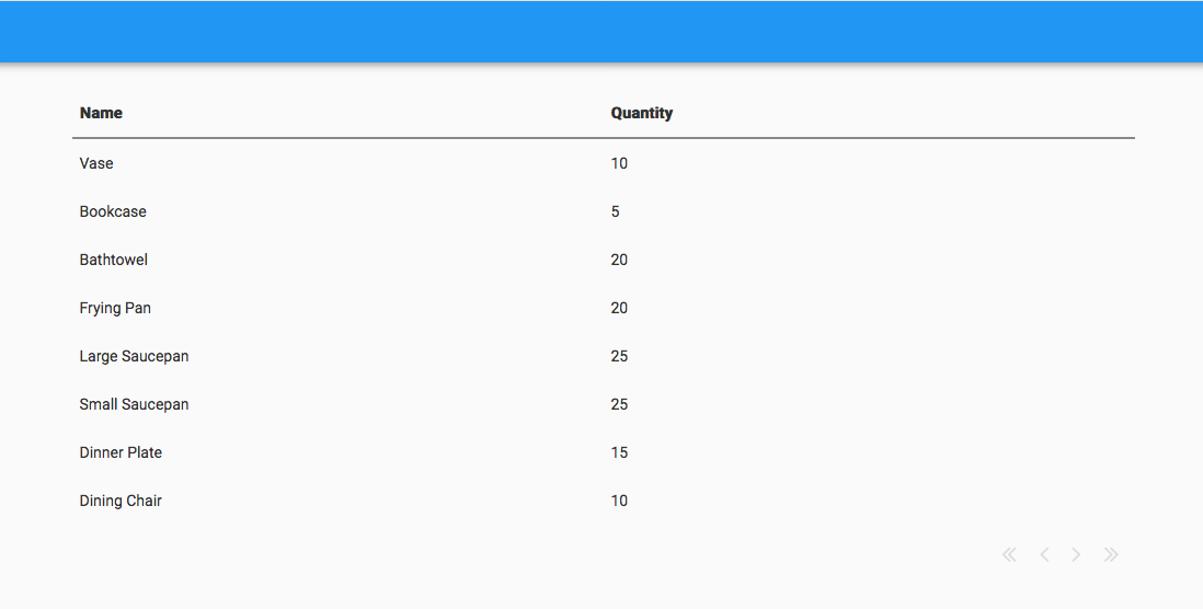 The running app displaying inventory items returned from the external database