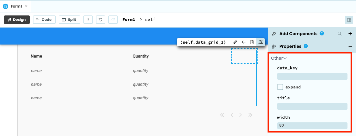 The Data Grid with a blank narrow third column reserved for the add button
