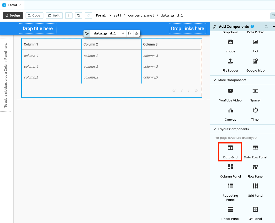 The Anvil editor with a Data Grid being dragged onto the form