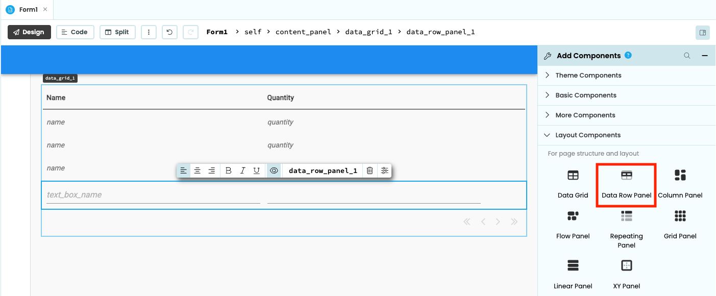 A Data Row Panel being added to the bottom of the Data Grid in the Anvil editor