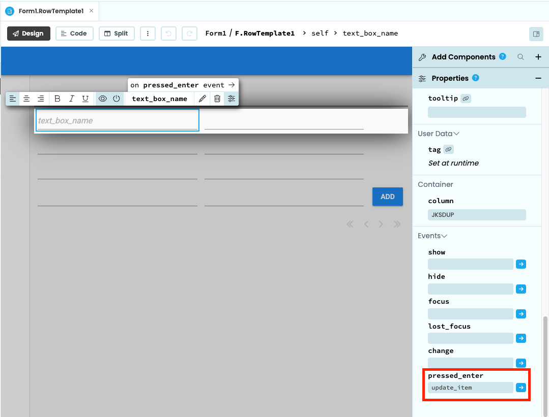 Bind the update_item method to the pressed_enter events by entering the method name in the boxes
