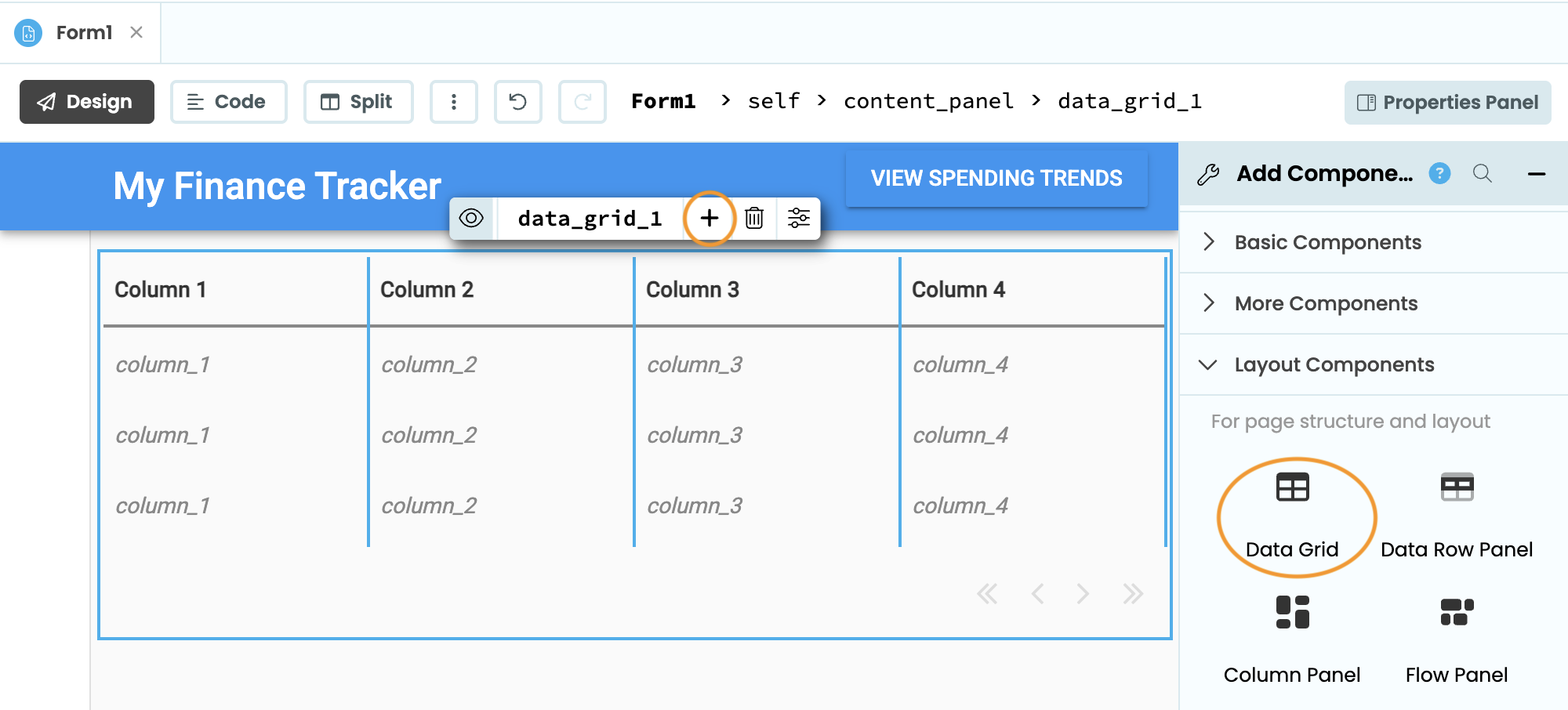 Add a Data Grid with four columns