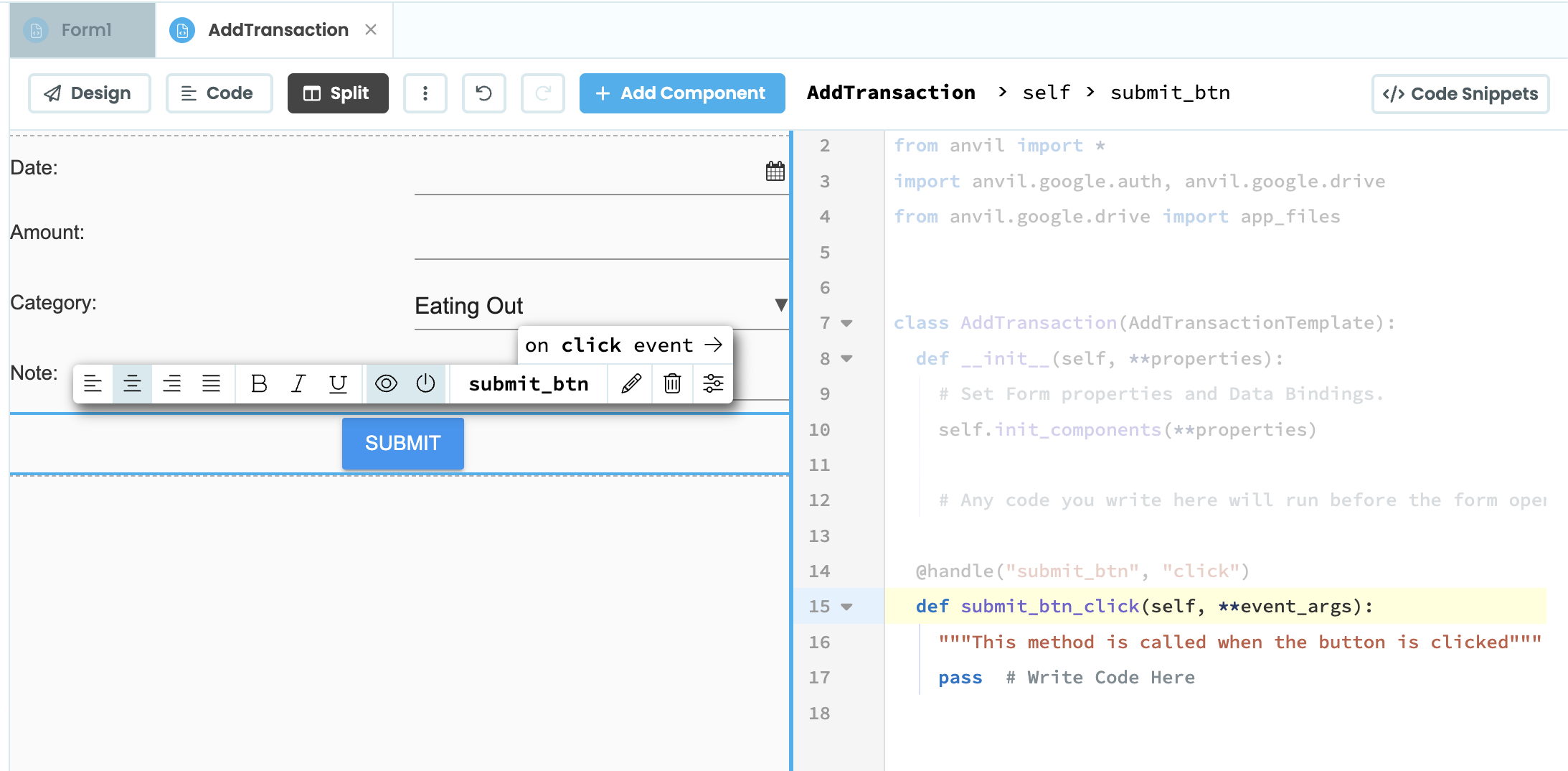 Split view showing the highlighted submit button handler