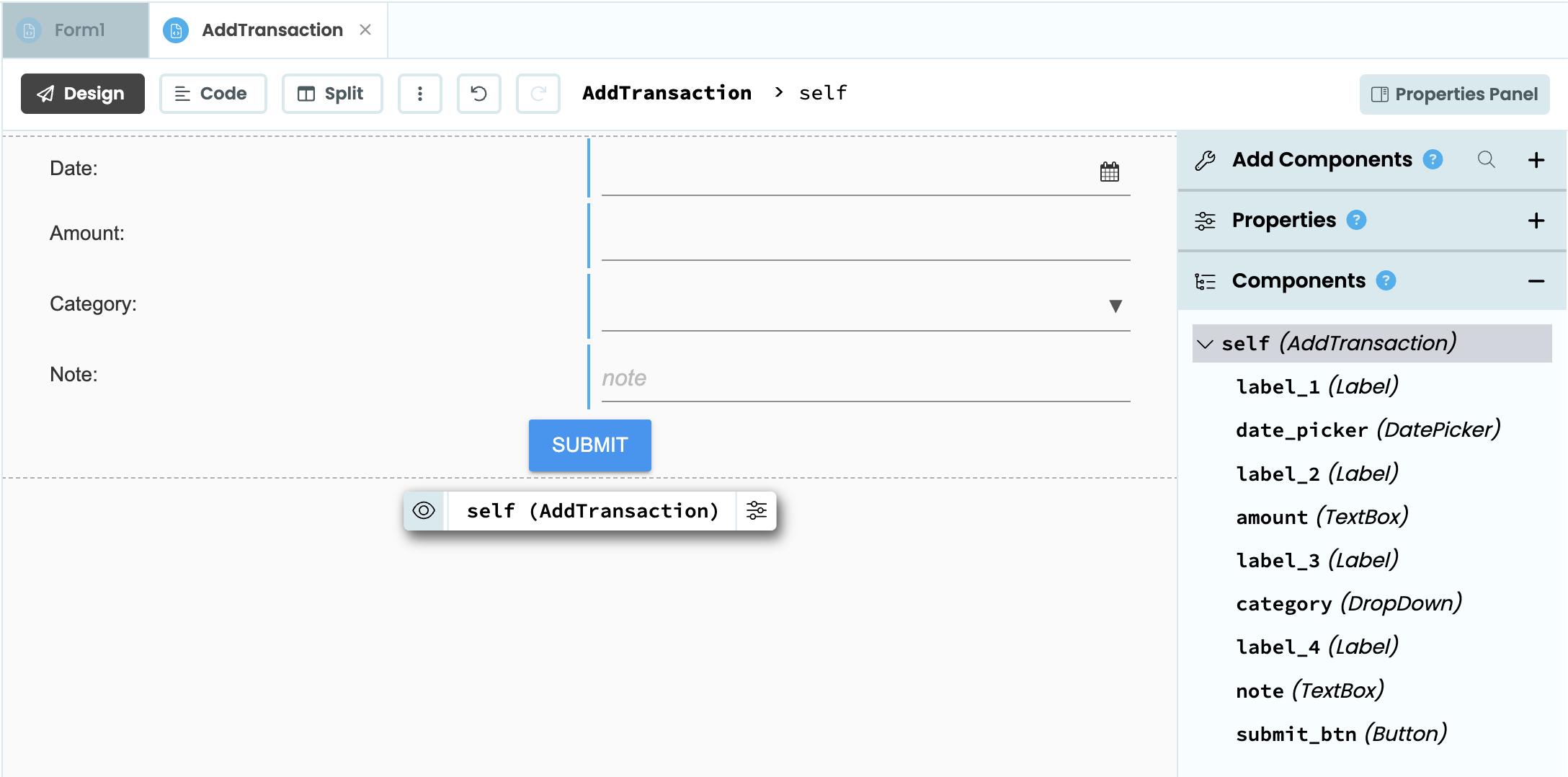 AddTransaction form laid out with Date, Amount, Category, and Note inputs plus a Submit button