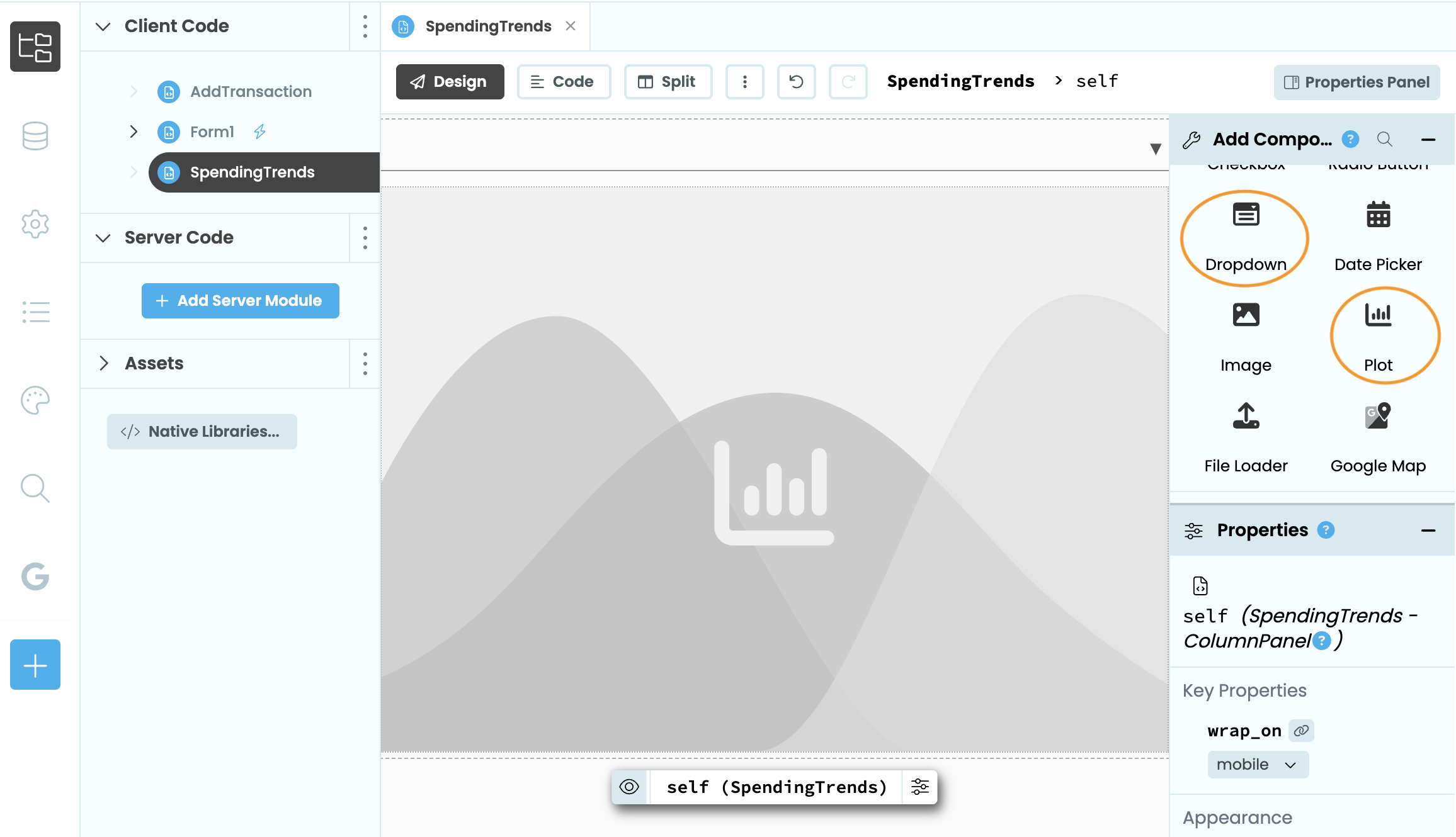 SpendingTrends form with a period dropdown above an empty Plot component