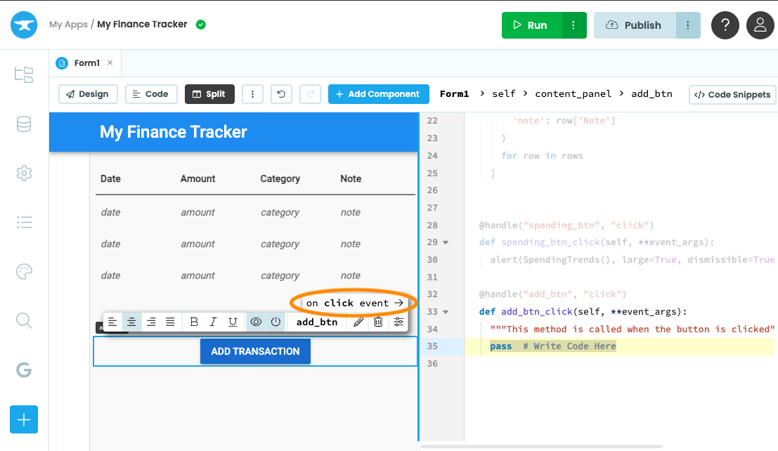 Form1 with an Add Transaction button placed below the Data Grid