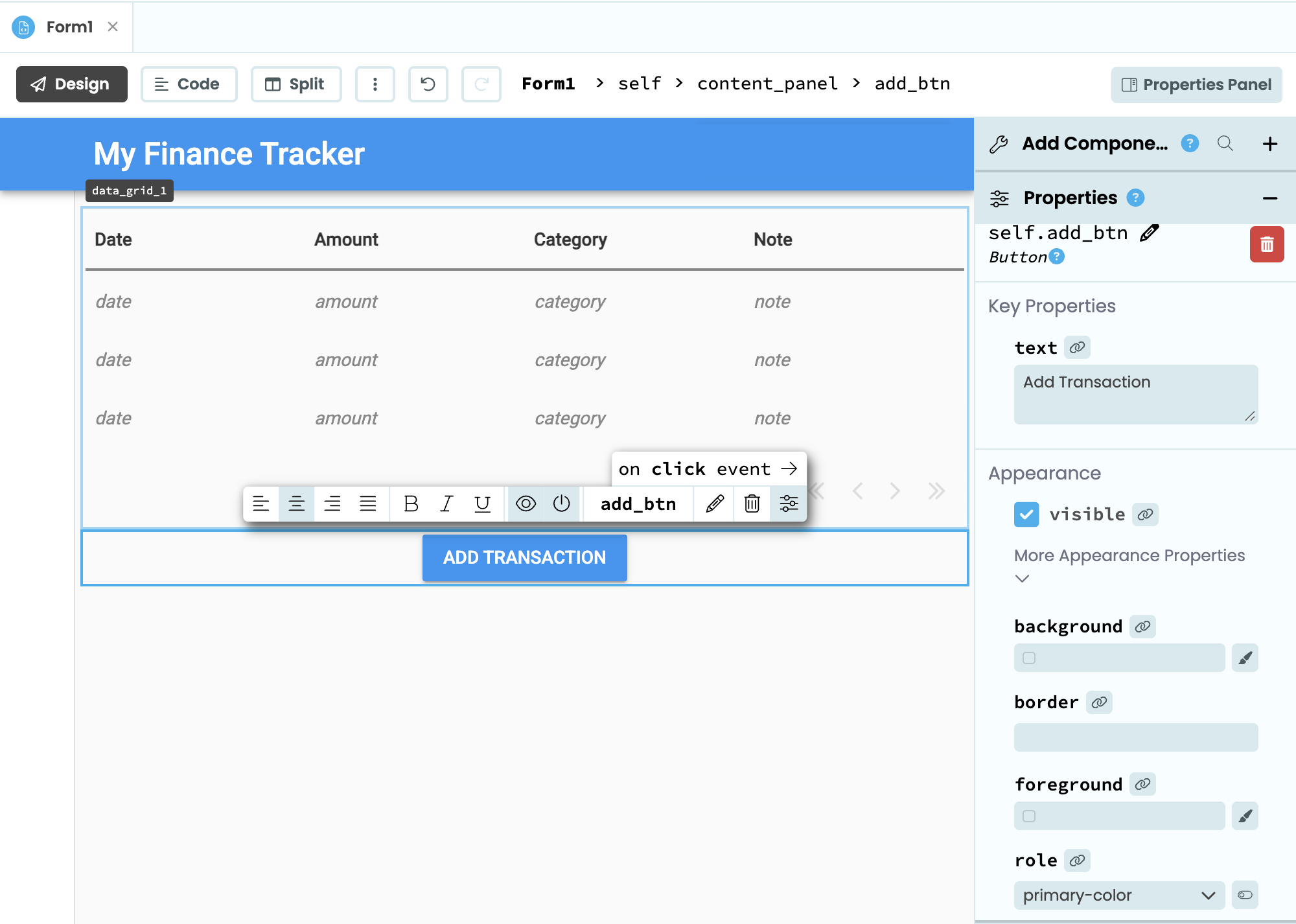 Form1 with an Add Transaction button placed below the Data Grid