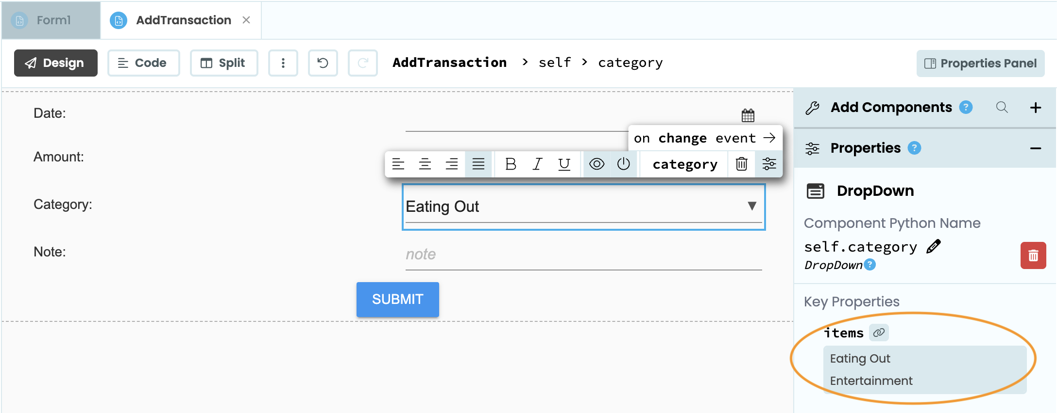 Properties panel for the Category dropdown listing Eating Out, Entertainment, Groceries, Subscriptions, and Utilities
