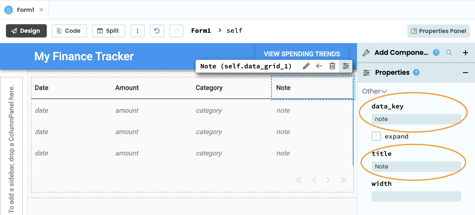 Properties panel showing four Data Grid columns named Date, Amount, Category, and Note with matching data keys