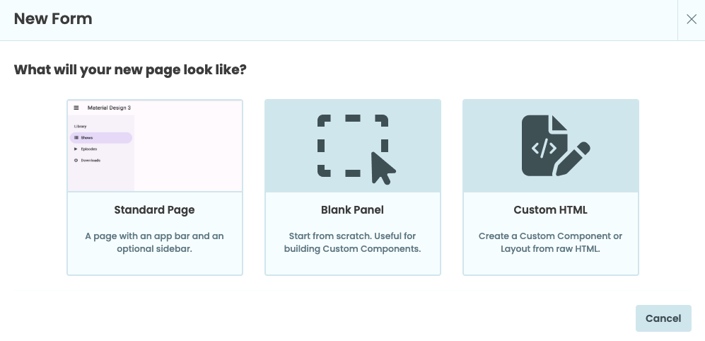 The layout options when adding a new form to the app