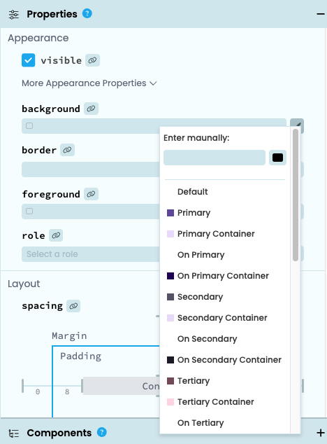 Choosing a colour from the colour scheme for the background property of a component in the Properties Panel