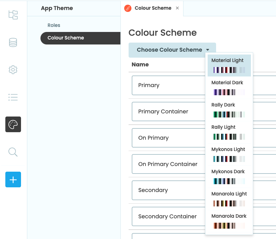 The dropdown menu in the 'Colour Scheme' tab showing the available colour schemes